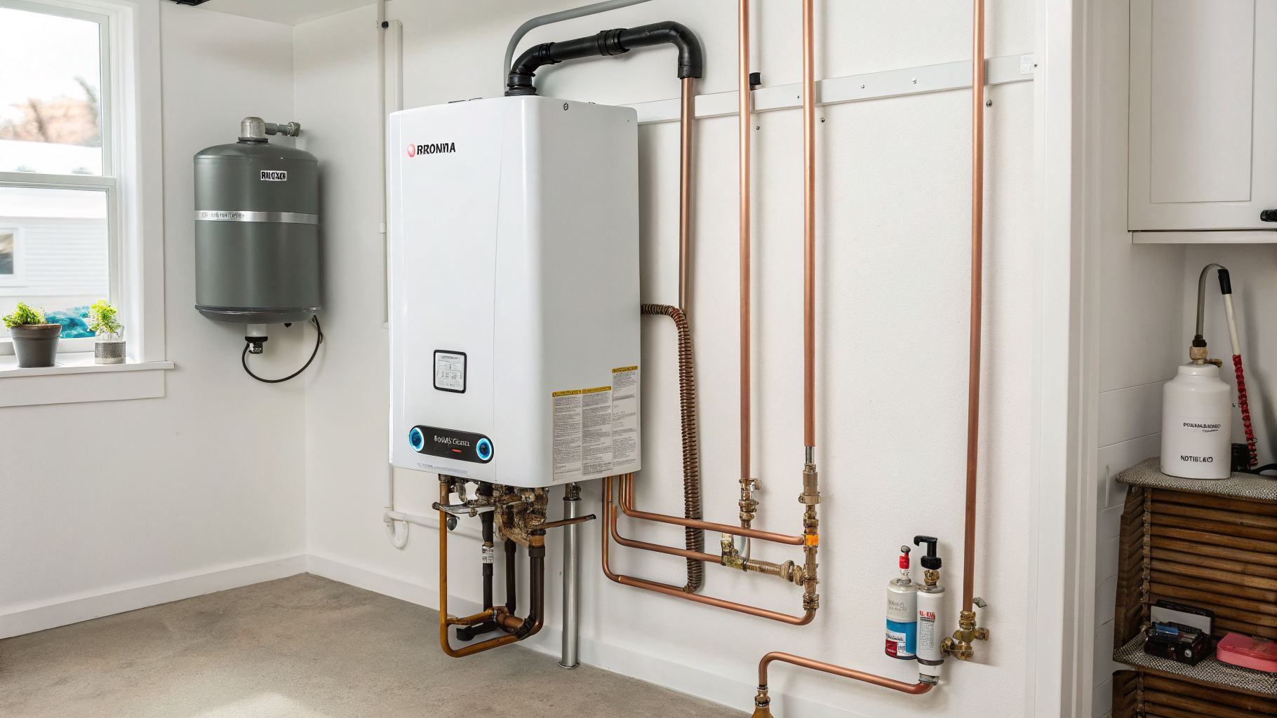 A wall-mounted tankless water heater installed by Happy HVAC Solutions in a clean residential utility room